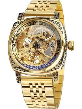 Mens All Gold Square Mechanical Stainless Steel Self-Wind Carved Automatic Watch